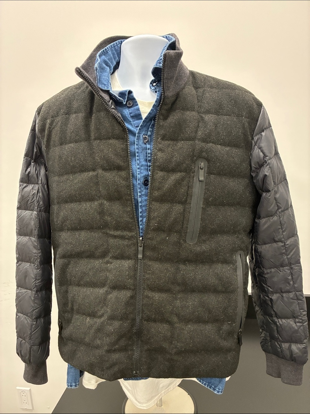 Zegna sport Men's Quilted Hybrid wool down jacket in Charcoal Gray